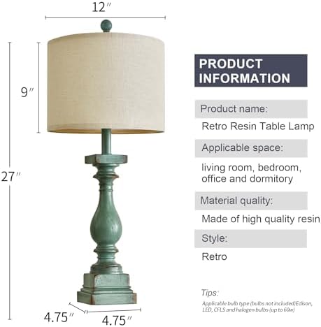 BOBOMOMO 27" Farmhouse Table Lamp Set of 2 with USB A+C for Bedroom Living Room Vintage Rustic Traditional Nightstand Bedside Lamps Retro Side Table Lamps (Green) - Image 6