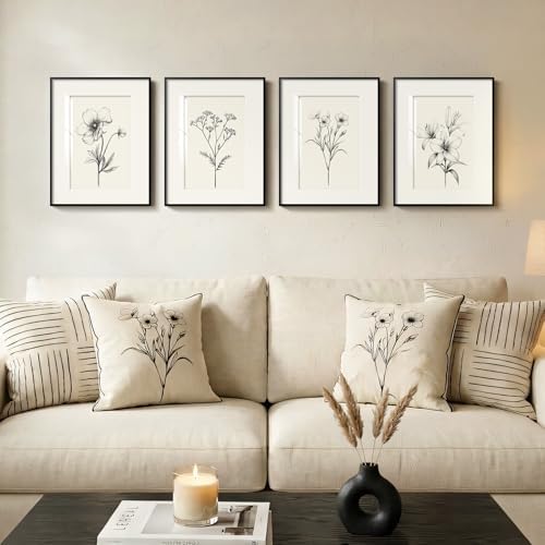 Framed Retro Black and White Floral Wall Art for Bedroom, 4 Piece 12x16 In - Image 2