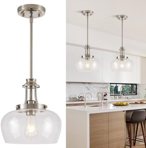 Modern Pendant Lights Kitchen Island, Brushed Nickel Pendant Light Fixtures with 10" Clear Glass Shade, Industrial Hanging Pendant Lights Fixture for Kitchen Island Dining Room Bedroom Foyer Entryway by BringBrightnesstoYourLife
