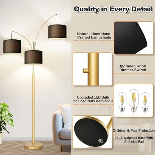 Dimmable Floor Lamp - 3 Lights Gold Arc Floor Lamps for Living Room, 1000LM Modern Tall Standing Lamp With Black Shades&Heavy Base, Mid Century Tree Floor Lamp for Bedroom Office, 3 LED Bulbs Included - Image 4