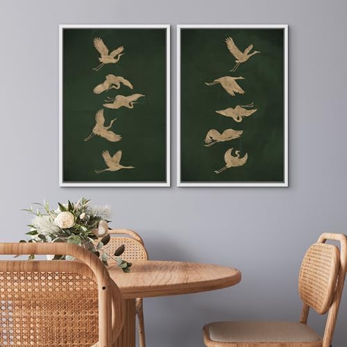SIGNWIN Framed Canvas Print Wall Art Set Golden Cranes in Flight on Deep Green Illustrations Modern Art Rustic Colorful Ultra for Living Room, Bedroom, Office - 16"" x24 x2 White - Image 3