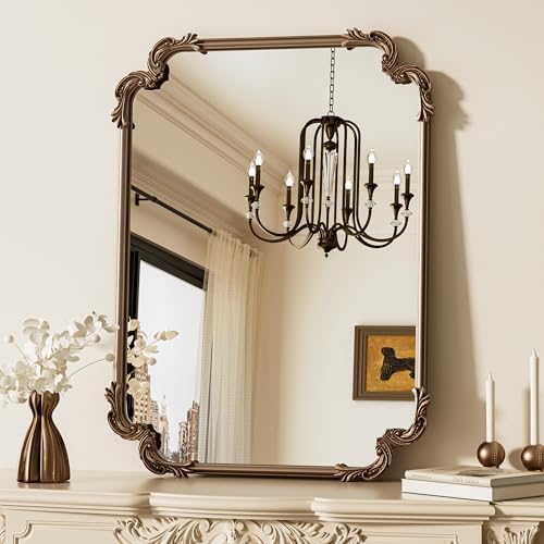 TETOTE Antique Gold Brass Rectangle Mirror for Mantle Fireplace 24 x 32 Baroque Vintage Ornate Scroll Wall Mirror with Metal Frame for Traditional Victorian French Decor, Horizontal/Vertical by TETOTE