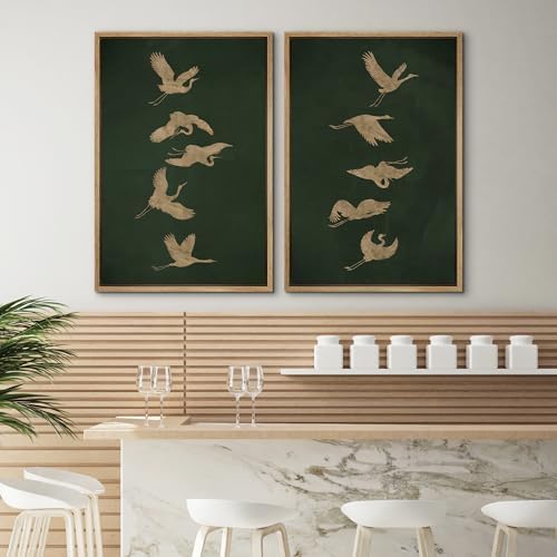 SIGNWIN Framed Canvas Print Wall Art Set Golden Cranes in Flight on Deep Green Illustrations Modern Art Rustic Colorful Ultra for Living Room, Bedroom, Office - 16"" x24 x2 Natural - Image 4