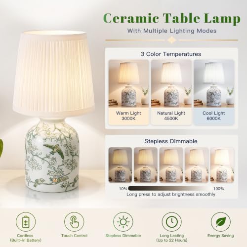 ShineTech Rechargeable Cordless Small Ceramic Table Lamps Set of 2, Green - Image 2
