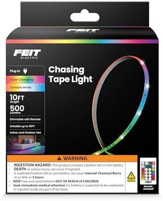 Feit Electric 10ft Chasing & Tunable White LED Tape Light, Dimmable, RGB Colors, Cut-to-Fit, Linkable up to 40ft, Slim 0.4in Width, Indoor/Outdoor Plug-In Light Strip, Remote Controlled, TAPE120/CHASE by FeitElectricCompany