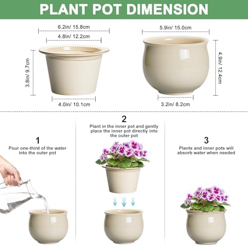 6 Inch Self Watering Pots for Indoor Plants, Ceramic African Violet Pots with Absorbent Inner Pot, Easy Self Watering Planter, Round Ceramic Flower Pot, Patio Decor, Gardening Gifts, Beige - Image 2