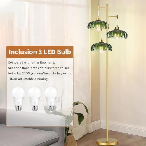 QIYIZM Glass Floor Lamp for Living Room,Bedroom,Mid Century Modern Standing Lamp Brass Tree 3 Light Tall Floor Lamps Vintage Retro Floor Lights Gold Green Flower Lamp Shade Farmhouse Boho Bohemian - Image 5