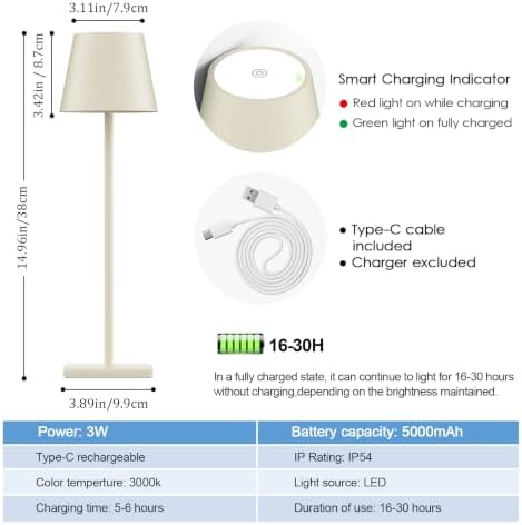 Off White Cordless Table Lamp, 5000mAh LED Rechargeable Desk Lamp - Image 6