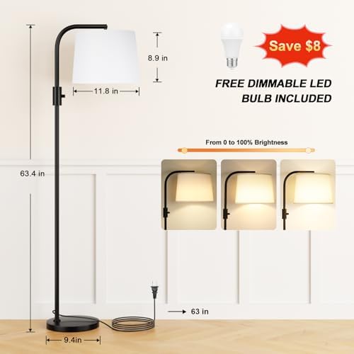 Ambimall Fully Dimmable Floor Lamp with 9W LED Bulb, Standing Lamp for Living Room with Adjustable Head, Modern Tall Light with Rotary Switch for Office, Black and White - Image 2