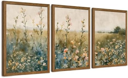 AVECCO 3 Pieces Vintage Wildflower Field Wall Art Framed Canvas 20x30 inch by Unknown