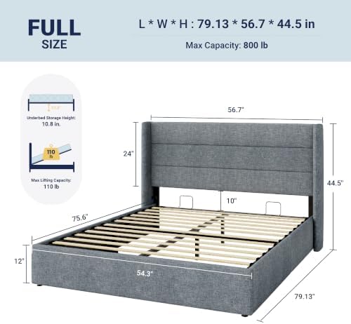 Allewie Full Size Lift Up Hydraulic Storage Bed Frame Blue Grey - Image 2