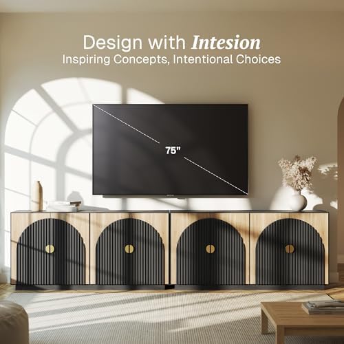 BELLEZE 65 Inch Fluted Buffet Cabinet with Storage, Symmetrical Arc Accent Sideboard Large Console Table for Dining Room, Kitchen, and Living Room (Camel) - Image 3