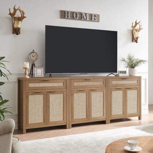 HOKYHOKY 90" Rattan Sideboard Buffet Cabinet, Boho Storage Cabinet, 3PCS by HOKYHOKY