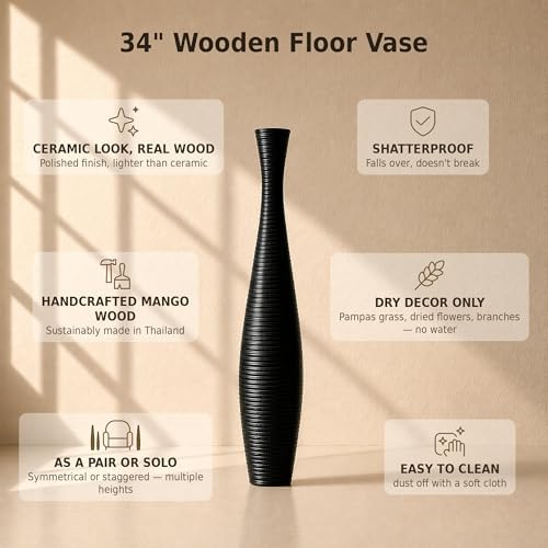 Leewadee Large Floor Vase 34 inches Mango Wood for Pampas Grass, Dried Flowers - Image 5