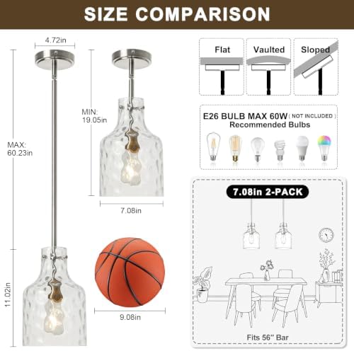 WILON Modern Glass Pendant Lighting for Kitchen Island, Farmhouse Pendant Lights for Dining Room Kitchen Sink, Adjustable Hanging Ceiling Light 7" Hammered Glass Shade, Brushed Nickel Metal Finish - Image 2