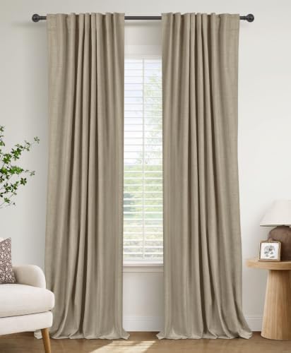 Faux Linen Total Blackout Curtains for Bedroom 102 Inches Long, Plaza Taupe by 100BlackoutShield