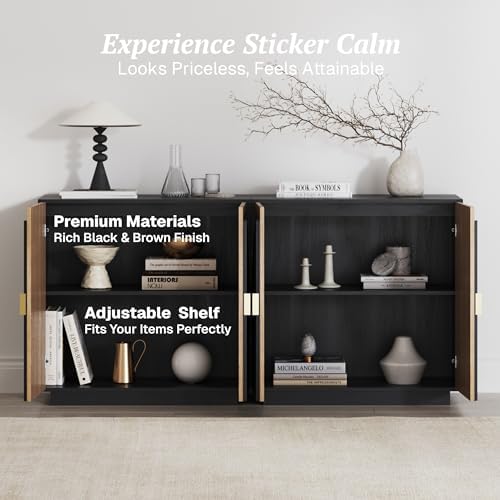 BELLEZE Set of 4 Modular Fluted Sideboard Buffet Cabinet, Mid-Century Modern Console Sideboard with Symmetrical Arched Doors, Elegant Credenza for Kitchen, and Living Room, Camel - Image 3