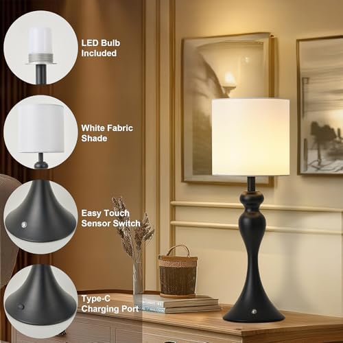 Cordless Table Lamp Rechargeable, Battery Fabric Bedside Touch Light, Black - Image 6