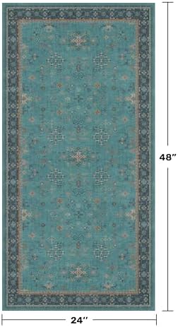 2x4 Washable Teal Throw Rugs for Entryway Indoor - Washable Non Slip Kitchen Rug, Boho Floral Small Carpet for Bathroom, Powder Room, Non Slip Low Pile Stain & Fade Resistant Indoor Décor - Image 2