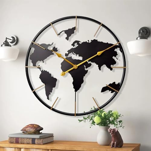 Large World Map Wall Clock,Metal Minimalist Modern Clock,Round Non-Ticking by KEQAMHOMEDECOR