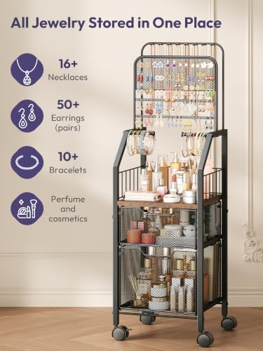 SWTYMIKI Rolling Jewelry Organizer Stand, Metal Jewelry Display Storage Holder with Large Capacity Drawer & Wheel, 35 lb Weight Capacity, Stores Necklace, Earring & Bracelet - Image 3