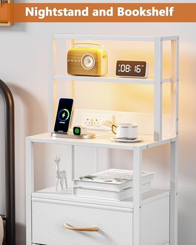 Furnulem Tall Night Stand, White Bedside Nightstand with Charger Station - Image 3