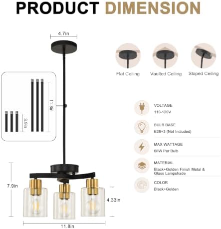 Black Brass Dining Room Chandelier, 3 Light Modern Industrial Pendant Light for Kitchen Island, Adjustable Height Ceiling Light with Clear Glass Shades,E26 Base,Dimmable - Image 3