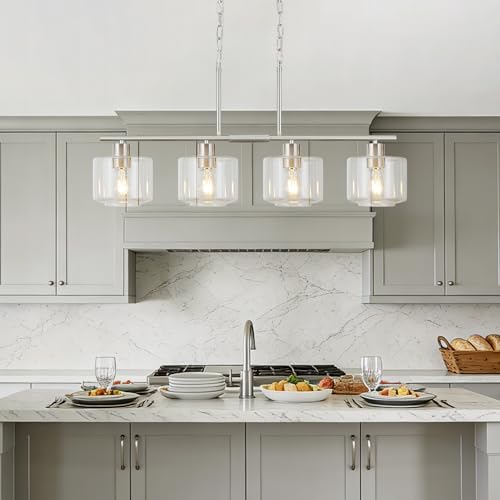 4-Light Brushed Nickel Kitchen Island Lighting, Modern Linear Dining Room Chandelier Light Fixtures with Clear Glass and Chain, Mid Century Hanging Lights for Kitchen Island, OS-YQ8153-4ISBNC - Image 6