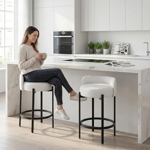 LukeAlon Modern PU Leather Counter Stools Set of 2, Upholstered 26" Seat Height Barstools with Black Metal Legs Round Low Back Kitchen Stools with Footrest for Dining Room Small Places, Cream White - Image 7