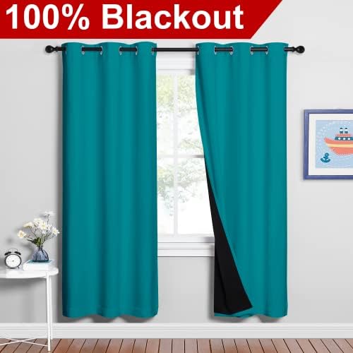 NICETOWN Full Shade Curtain Panels, 37" Wide x 70" Long, Peacock Teal, Pair of Thermal Insulated & Energy Efficiency Blackout Drapes for Living Room, Lined Silky Performance Window Dressing - Image 2