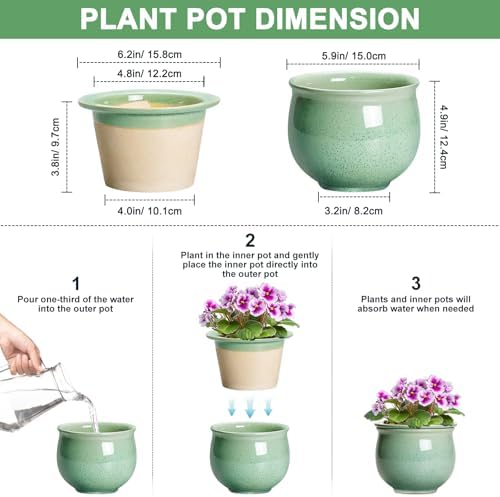 Ceramic Self Watering Pots, 6 Inch African Violet Pots with Absorbent Inner Pot, Round Self Watering Planter for Indoor Plants, Ceramic Pot for Plants, House Decor, Gifts for Women Men, Green - Image 2