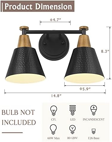 FEMILA Black Bathroom Light Fixtures, 2-Light Bathroom Vanity Lights Over Mirror with Hammered Metal Shade, Modern Wall Sconces Lighting for Kitchen Bedroom Living Room, 4FG59B-2W BK - Image 2