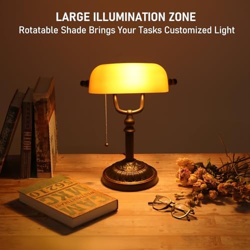 TORCHSTAR Amber Glass Bankers Desk Lamp with Pull Chain, E26 Base - Image 4