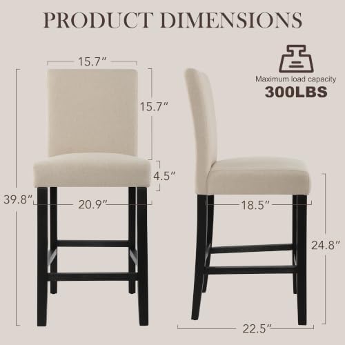 GOTMINSI Classic 24 Inches Counter Height Stools Upholstered Bar Stools with Solid Wood Legs Set of 2(Fabric Beige) - Image 2