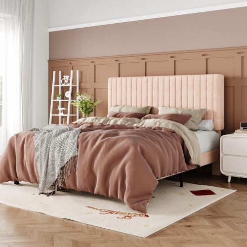 Allewie Full Bed Frame, Upholstered Platform Bed with Adjustable Vertical Channel Tufted Headboard, Mattress Foundation with Strong Wooden Slats, Box Spring Optional, Easy Assembly, Chenille Pink by Allewie