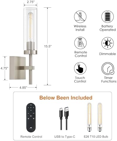 SANTOSTOCK Brushed Nickel Battery Operated Wall Sconces with Remote Control, Wireless Wall Sconce Set of 2, Rechargeable Cordless Wall Lights for Living Room Bathroom Hallway Entryway Stairwell, 3000K - Image 5