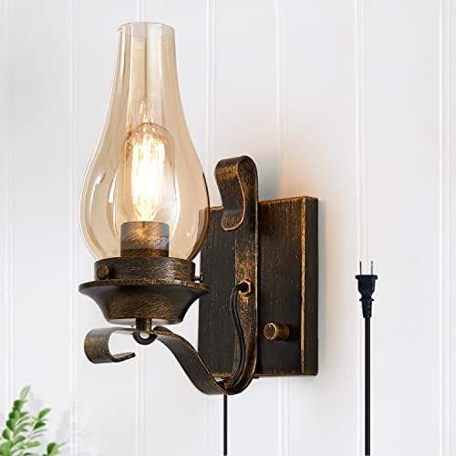 Yisuro Plug in Wall Sconce,Oil Rubbed Bronze Wall Sconces,Retro Rustic Wall Lamps,Sconces Wall Lighting with Amber Glass,Indoor Vintage Bedside Wall Lighting for Living Room Bathroom by YISURO