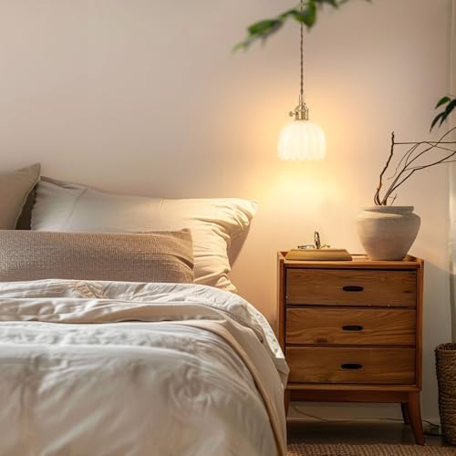Shenmoyl Pendant Light with White Tulip Glass Lmapshade, Brass Vintage Pendant Light Adjustable Hanging Light for Kitchen Island Dining Room Hallway - Image 4