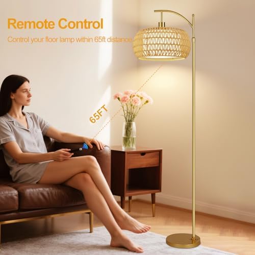 ZECOXOL Gold Floor Lamps for Living Room Rattan Boho Floor Lamp with Remote Control & 3 Color Temperature,Dimmable Arc Floor Lamps Brass Standing Lamp Tall Floor Lamp for Bedroom Living Room Corner - Image 4