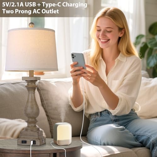 28" Tall Farmhouse Table Lamp with USB C+A Ports and AC Outlet, 3 Way Touch Control Rustic Bedside Lamp for Bedroom, Brown Vintage Nightstand Lamp for Living Room Office - Image 3