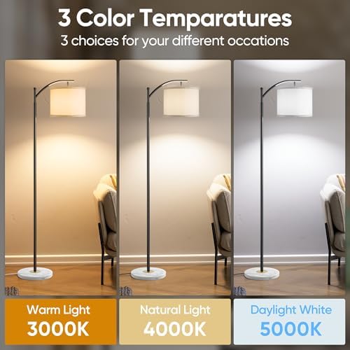 Floor Lamp for Living Room with Marble Base, Modern Standing Lamp with 3 Color Temperatures Bulb & Adjustable Linen Shade, Tall Lamp for Bedroom Office Reading Nursery - Image 2
