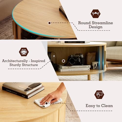 ZttRiee Round Coffee Table with Sliding Doors, Modern, Natural - Image 5