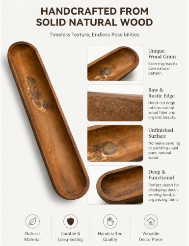 40 Inch Decorative Wooden Dough Bowl, Wooden Bowls, Large Long Hand Carved Rustic Bread Key Bowl, Wooden Tray, Dough Bowls for Decor, Decorative Bowl for Living Room Dining Room Kitchen Table - Image 3