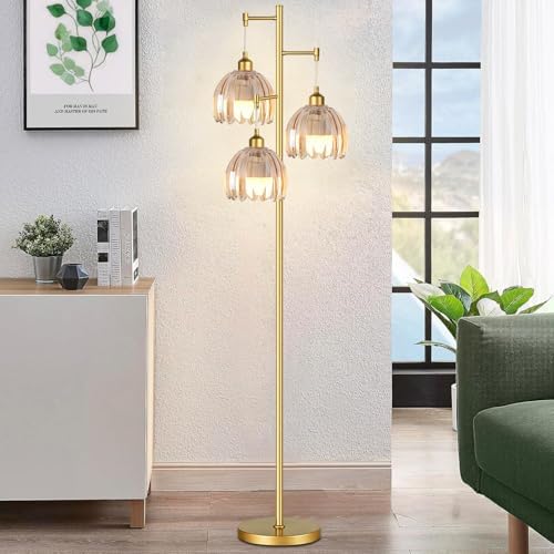 QIYIZM Gold Floor Lamp for Living Room,Bedroom,Tree 3 Light Standing Lamp Mid Century Modern Brass Tall Floor Lamps Vintage Retro Floor Lights Glass Flower Amber Lamp Shade Farmhouse Boho Bohemian - Image 7