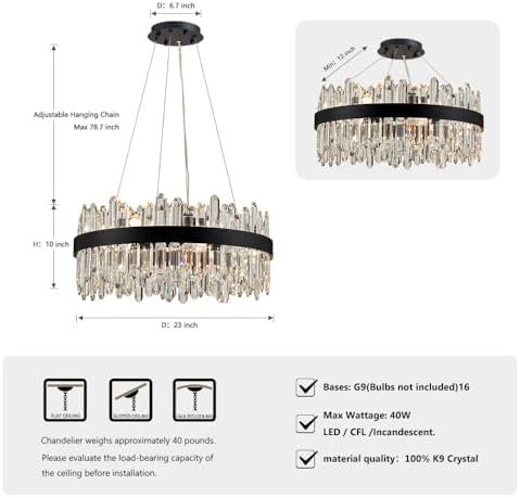 Black Modern Oval Crystal Chandelier, 16-Lights Luxury Chandeliers 2-Tiers K9 Crystal Chandelier Pendant, Light Fixture G9 Lights for Dining Living Room Entryway Kitchen Dia 23 inch - Image 2