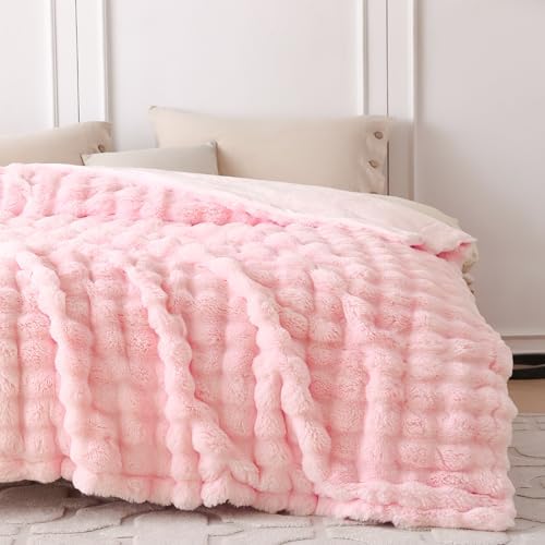 COOVA Soft Bubble Faux Fur Throw Blanket, 50"x60", Light Pink - Image 4