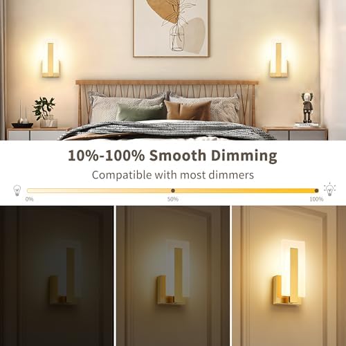 Joosenhouse Modern LED Wall Sconce Set of 2, Dimmable Hardwired Bathroom Vanity Light Indoor Wall Sconce for Hallway, Bedroom, Study, Living Room, 9.76 Inch Brass Wall Lights - Image 3