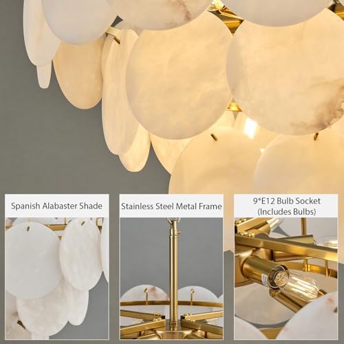 Alabaster Round Chandelier, 26" Natural Spanish Marble Stone Texture Chandeliers, 9-Light Dimmable Alabaster Chandelier, Modern Luxury Lighting for Living Room, Bedroom, Hallway - Image 6
