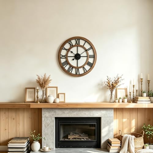 24 Inch Large Rustic Wall Clock Silent Non-Ticking Wooden Wall Clocks with Roman Numerals Farmhouse Decorative Clock for Living Room Bedroom Office (Brow) - Image 2