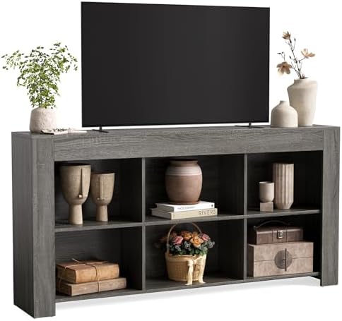 LITTLE TREE TV Stand with Storage, 63-Inch Entertainment Center with Shelves, Modern Media Console for Television up to 65" for Living Room, Bedroom, Gray + Dark Gray by LITTLETREE